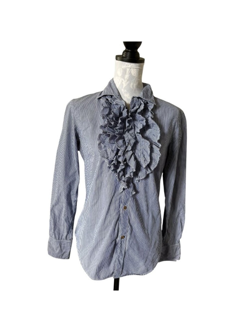 R by 45 RPM Blouse Ruffle Top Long Sleeve Pinstriped Size 2 Blue